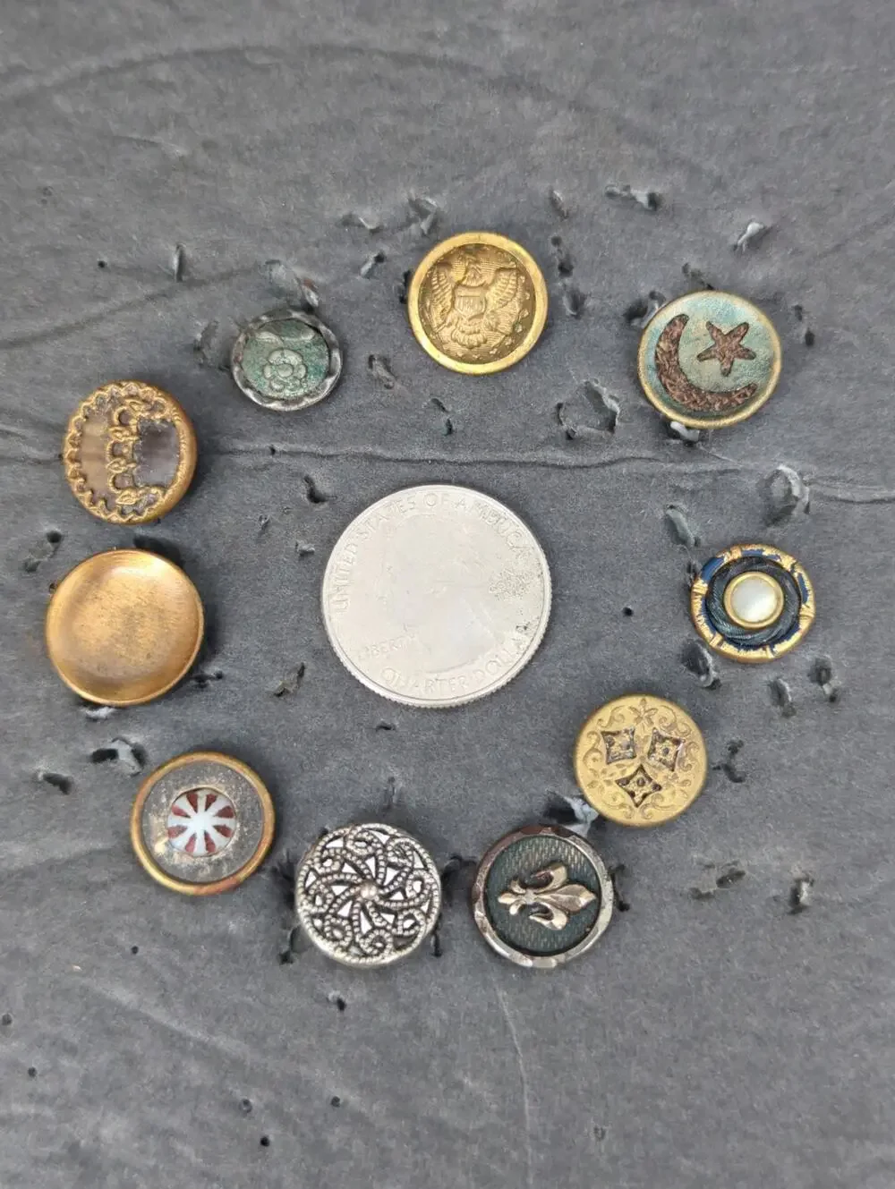 LOT X of 10 Antique Vintage Victorian Brass Mixed Materials Buttons ESTATE FIND